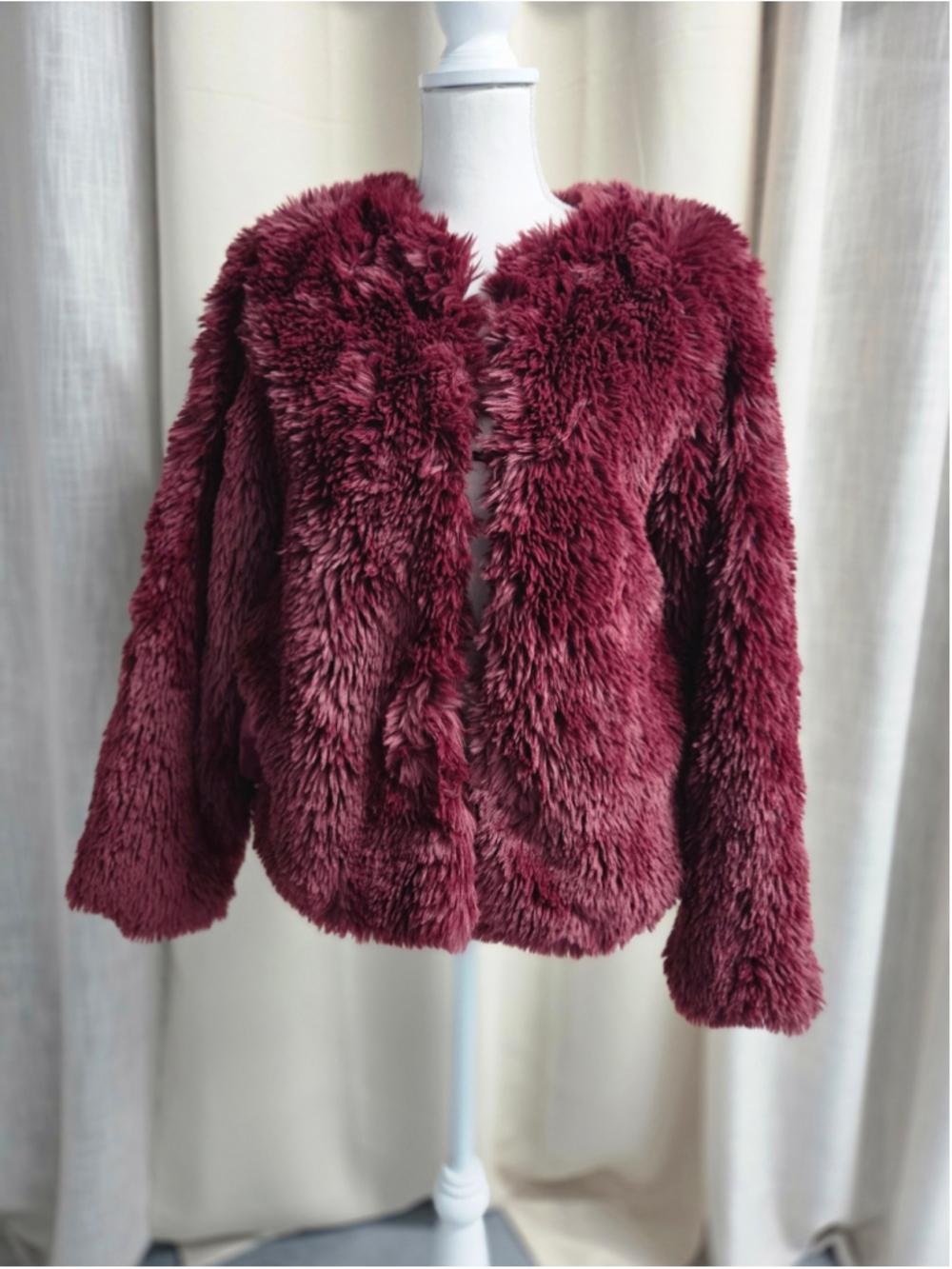 Simply Vera Wang Plush Faux Fur Jacket Deep Wine Boho Glamorous Bold Size S